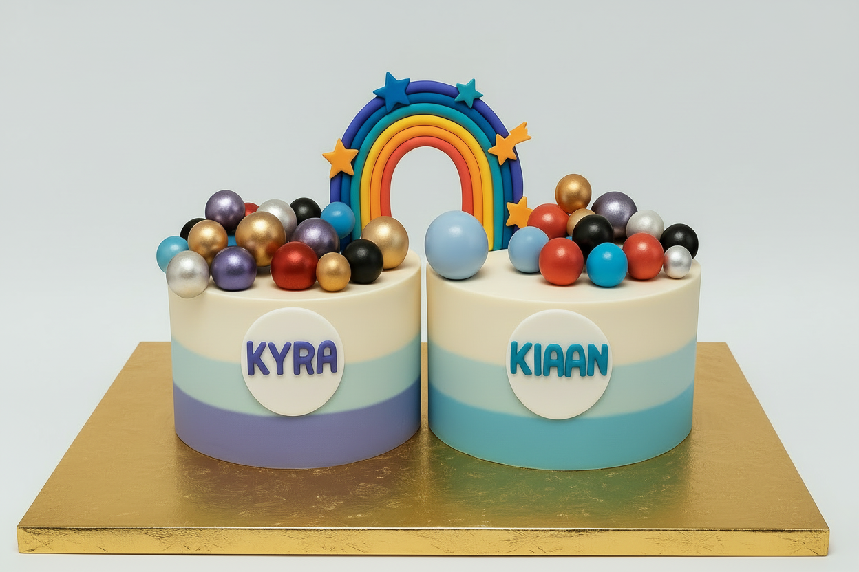 Two colorful cakes with rainbow and star decorations on a white background